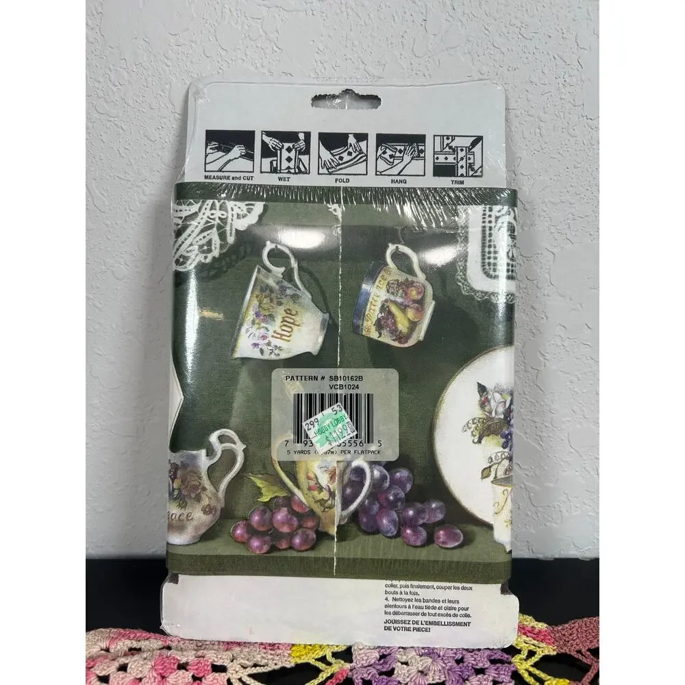 Vtg Expressions Wall Paper Border tea party- grapes doilies 5 yards cottage